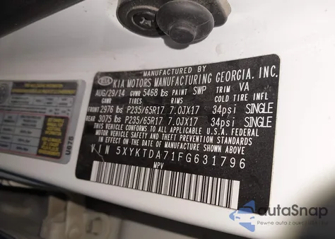 2015 Kia Sorento Lx V6 z USA, uszkodzony, nr VIN 5XYKTDA71FG631796